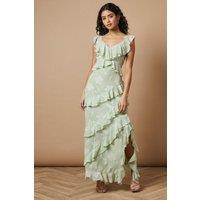 Oasis Women's Petite Ruffle Jacquard Print Maxi Dress in Sage | Size: 12