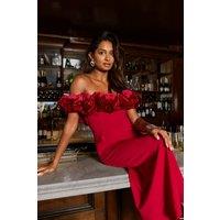 Oasis Women's Diamante Velvet Ruffle Bardot Bodycon Midi Dress in Burgundy | Size: 10