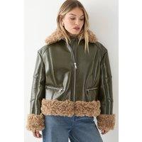MissPap Women's Premium Faux Fur Collar Vinyl Aviator Jacket in Olive | Size: 10