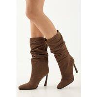 MissPap Women's Faux Suede Ruched Square Toe High Flared Stiletto Calf Boots in Brown | Size: 6