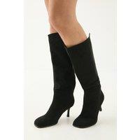 MissPap Women's Faux Suede Square Toe Stiletto Heel Knee Boots in Natural Black | Size: 3