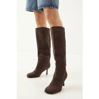 MissPap Women's Faux Suede Square Toe Stiletto Heel Knee Boots in Dark Brown | Size: 4
