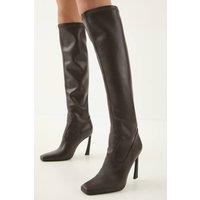 MissPap Women's Faux Leather Stretch Square Toe High Flared Stiletto Heel Over The Knee Boots in Chocolate | Size: 6