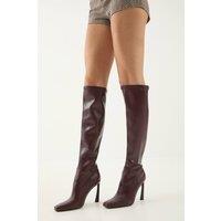 MissPap Women's Faux Leather Stretch Square Toe High Flared Stiletto Heel Over The Knee Boots in Burgundy | Size: 6