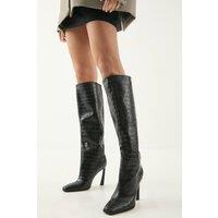 MissPap Women's Faux Croc Leather High Flared Stiletto Heel Knee Boots in Black | Size: 7
