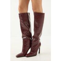 MissPap Women's Faux Croc Leather High Flared Stiletto Heel Knee Boots in Burgundy | Size: 4