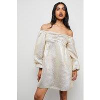 Warehouse Women's Metallic Jacquard Bardot Balloon Sleeve Mini Dress | Size: 10