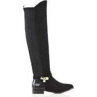 XY London Women's 'Bella' Flat Elasticated Over The Knee Boots With Zip Fastening in Jet Black | Size: 5