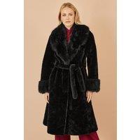 Yumi Women's Black Wrap Faux Fur Coat With Oversize Collar | Size: Small