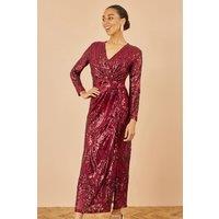 Yumi Women's Red Sequin Midi Wrap Dress With Split Hemline & Long Sleeves in Burgundy | Size: 8