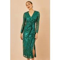 Yumi Women's Green Sequin Midi Wrap Dress With Split Hemline & Long Sleeves | Size: 8