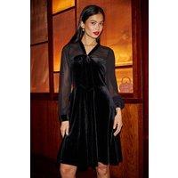 Yumi Women's Black Velvet Sheer Sleeves Skater Dress | Size: 14