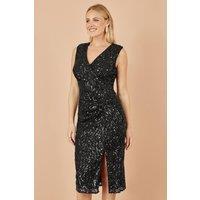 Yumi Women's Black Sequin Fitted Wrap Dress With Split Hem | Size: 12