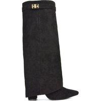 XY London Women's 'Rayna' Block Heel Knee High Foldover Boots With Pointed Toe in Jet Black | Size: 3