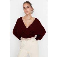 HOXTON GAL Women's Oversized Wrap Front V-Neck Knit Sweater in Burgundy | Size: Medium