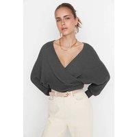 HOXTON GAL Women's Oversized Wrap Front V-Neck Knit Sweater in Dark Grey | Size: Small