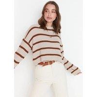HOXTON GAL Women's Cropped Oversized Striped Knit Sweater in Stone | Size: Medium