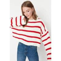 HOXTON GAL Women's Cropped Oversized Striped Knit Sweater in Ecru | Size: XS
