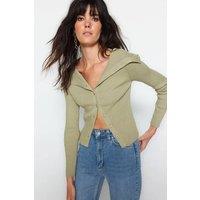 HOXTON GAL Women's Ribbed Knit Cropped Cardigan with Draped Collar in Khaki | Size: Large