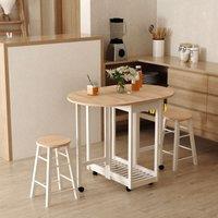 HOMCOM 3pc Wooden Kitchen Cart Mobile Rolling Trolley Folding Stools Wheels in White
