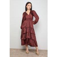 Oasis Women's Petite Ruffle Tiered Balloon Sleeve High Low Hem Midi Dress in Chocolate | Size: 10