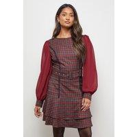 Oasis Women's Checked Belted Balloon Sleeve Flippy Mini Dress in Burgundy | Size: 12