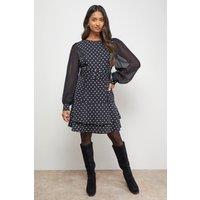 Oasis Women's Polkadot Belted Balloon Sleeve Flippy Mini Dress in Mono | Size: 10