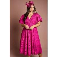 Coast Women's Plus Lace Midi Dress With Puff Sleeve in Hot Pink | Size: 20