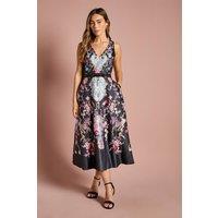 Coast Women's V Neck Placement Print Full Skirted Midi Dress in Black | Size: 10