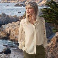 Lands' End Women's Long Sleeve Voile & Lace Shirred Shirt in Light Tan | Size: 14-16