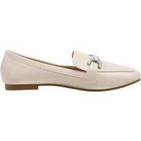 MODISHION Women's Chic PU Loafers with Silver Chain Detail in Beige | Size: 4.5