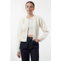 WOVCOR Women's Textured Knit Zipper Cardigan With Stone Embellishment in White | Size: Large
