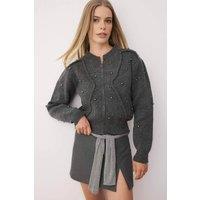 WOVCOR Women's Textured Knit Zipper Cardigan With Stone Embellishment in Dark Grey | Size: Small