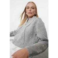 WOVCOR Women's Textured Knit Zipper Cardigan With Stone Embellishment in Grey | Size: Medium