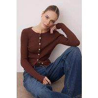 WOVCOR Women's Mercerized Look Ribbed Knit Cardigan in Brown | Size: Large