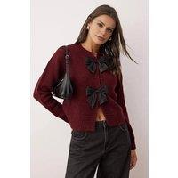 WOVCOR Women's Crew Neck Knit Cardigan with Ribbon Detail in Burgundy | Size: Small