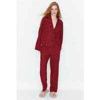 WOVCOR Women's 2-Piece Heart Print Viscose Woven Pajama Set with Tie Detail in Burgundy | Size: 14