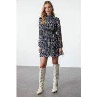 WOVCOR Women's Chiffon Mini Woven Dress with Belted Flounce Skirt in Navy | Size: 6