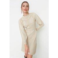 WOVCOR Women's Mini Lace Knit Dress With High Neck Detail in Beige | Size: Large