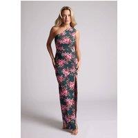 Vesper Women's One Shoulder Thigh Split Maxi Dress in Green Floral in Dark Green | Size: 12