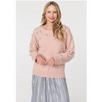 Izabel London Women's Sparkly Floral Detail Relaxed Jumper in Pale Pink | Size: 14