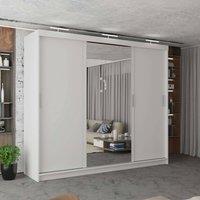 MN Furniture Modern 3 Door Sliding Wardrobe with LED, Mirror & Drawers 250cm in White