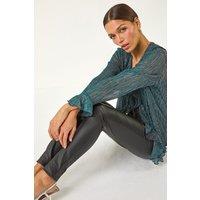 Roman Women's Plisse Print Front Frill Top in Teal | Size: 20