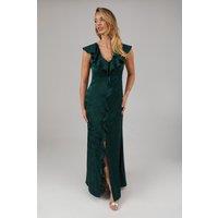 Oasis Women's Satin Jacquard Ruffle V Neck Bridesmaid Dress in Emerald | Size: 14