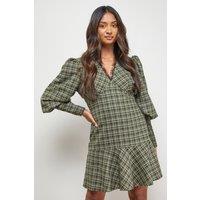 Oasis Women's Checked Lace Neck Puff Sleeve Mini Dress in Green | Size: 16