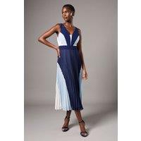 Coast Women's V Neck Pleated Chiffon Panelled Midi Dress in Navy | Size: 8