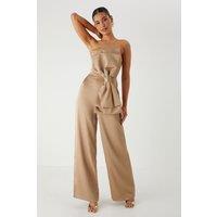 MissPap Women's Satin Bow Wide Leg Bandeau Jumpsuit in Bronze | Size: 6