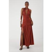 MissPap Women's Halter Neck Plunge Ruched High Split Maxi Dress in Rust | Size: 14