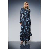 Dorothy Perkins Women's DP Luxe Printed Satin Double Frill Hem Maxi Dress in Navy | Size: 12