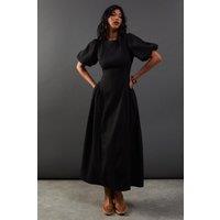 Warehouse Women's Seersucker Organza Godet Side Puff Sleeve Midi Dress in Black | Size: 14